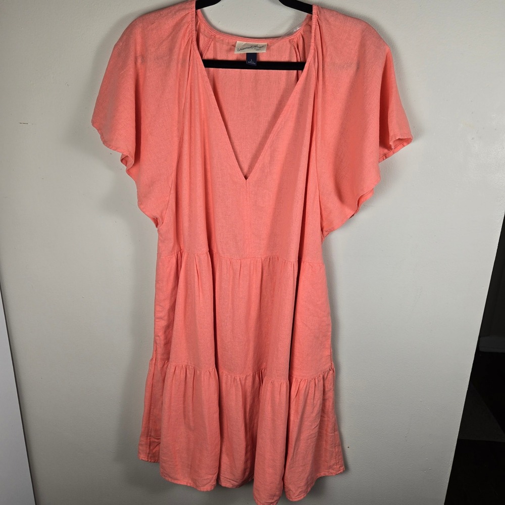 Universal Thread Mini Dress Women's Tiered V-Neck Short Sleeve Casual Coral L